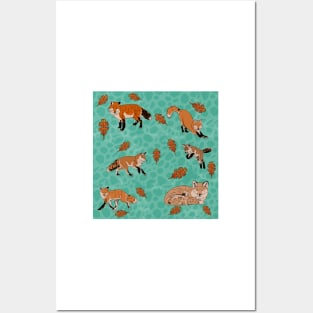 Red Foxes in Teal Posters and Art